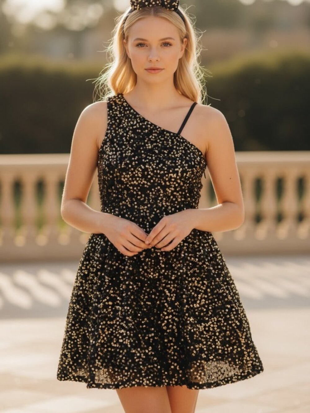 Girls One-Shoulder Sequin Mini Dress with Matching Bow Headband Size 10y